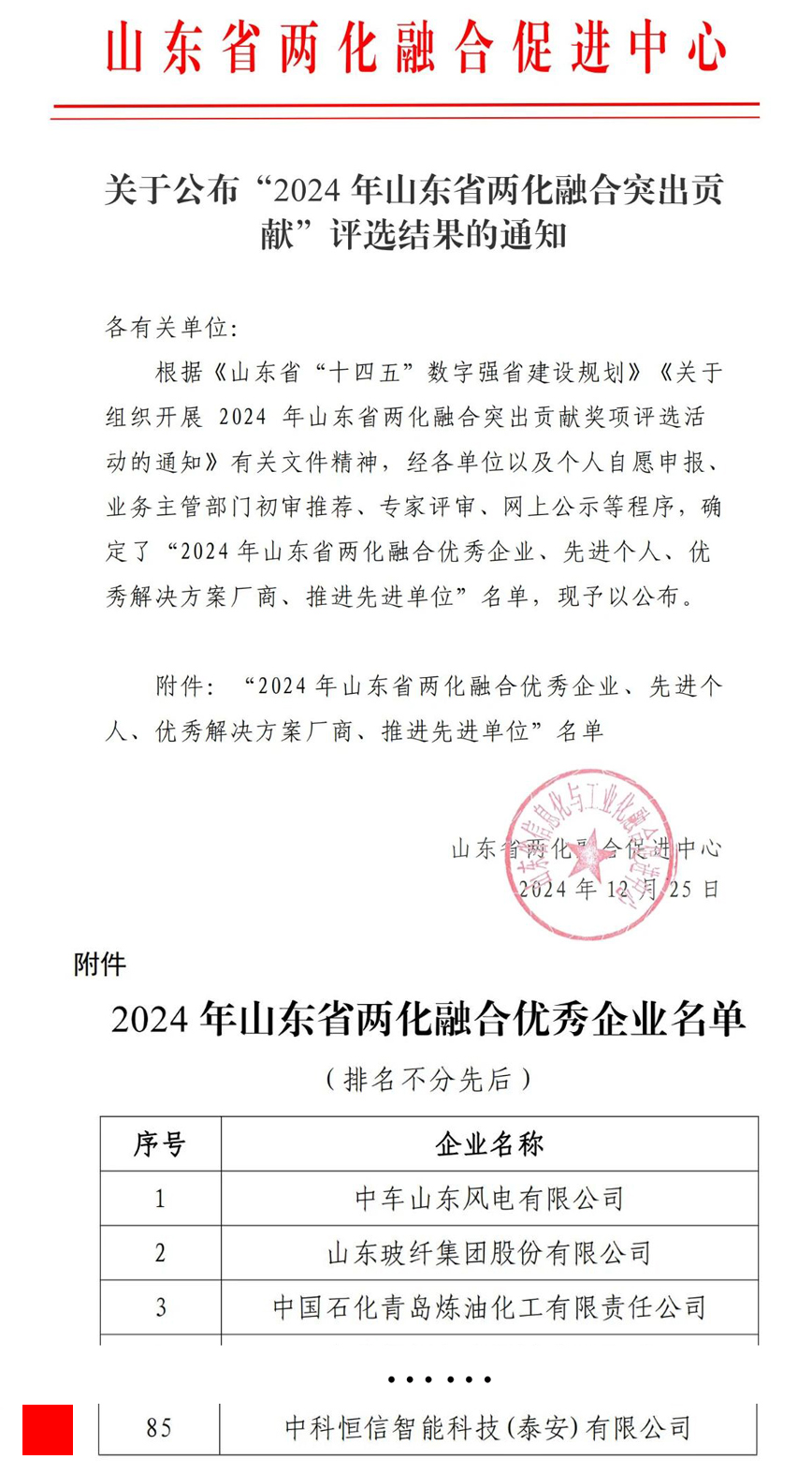 企業(yè)動態(tài)|泰山恒信有限公司榮獲2024年度山東省兩化融合優(yōu)秀企業(yè)(圖1)